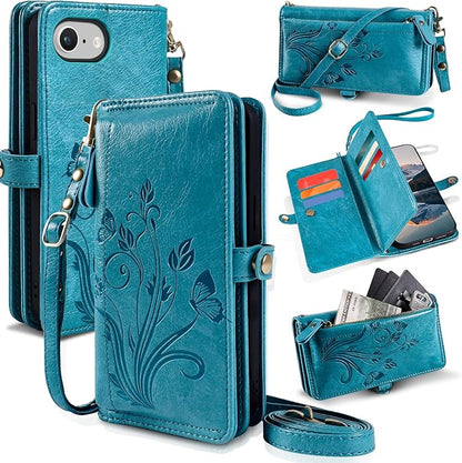 Lacass for iPhone 16e/17e Case Wallet,[Cards Theft Scan Protection] Card Holder Zipper Leather Flip Cover Crossbody Wrist Strap with Stand (Floral Blue Green)