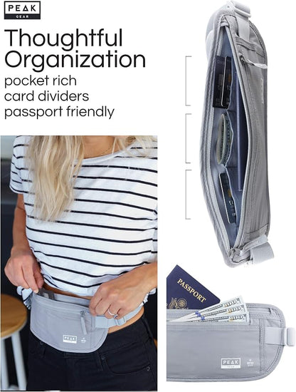 Peak Gear Travel Money Belt. Premium Quality Travel Wallet with RFID Blocking Fabric to Protect Credit Cards, Passports and Documents. Exclusive Theft Protection and 2 Recovery Tags | Gray