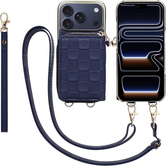 Keallce for iPhone 17 Pro 6.3'' Wallet Case, Crossbody Zipper Purse with 4 Card Slots RFID Blocking, Lanyards & Wrist Straps, Flip Leather Folio Cover with Kickstand for iPhone 17 Pro, Navyblue