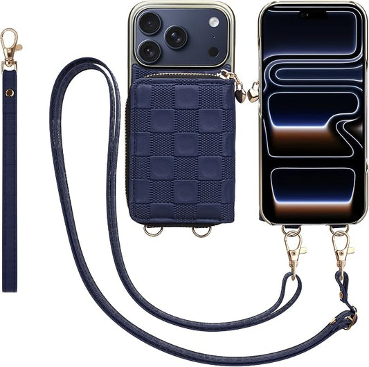 Keallce for iPhone 17 Pro 6.3'' Wallet Case, Crossbody Zipper Purse with 4 Card Slots RFID Blocking, Lanyards & Wrist Straps, Flip Leather Folio Cover with Kickstand for iPhone 17 Pro, Navyblue