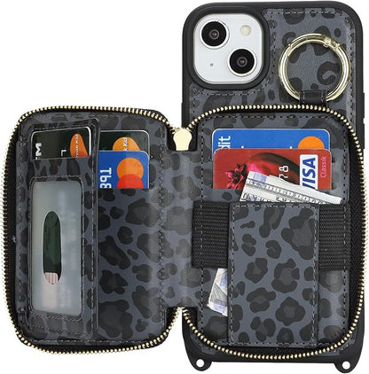 Crossbody Wallet Case for iPhone 14 Plus, PU Leather Zipper Handbag Purse Flip Cover, Kickstand Folio Case with Card Slots Holder Wrist Strap Lanyard 5G 6.7 Inch-Black Leopard