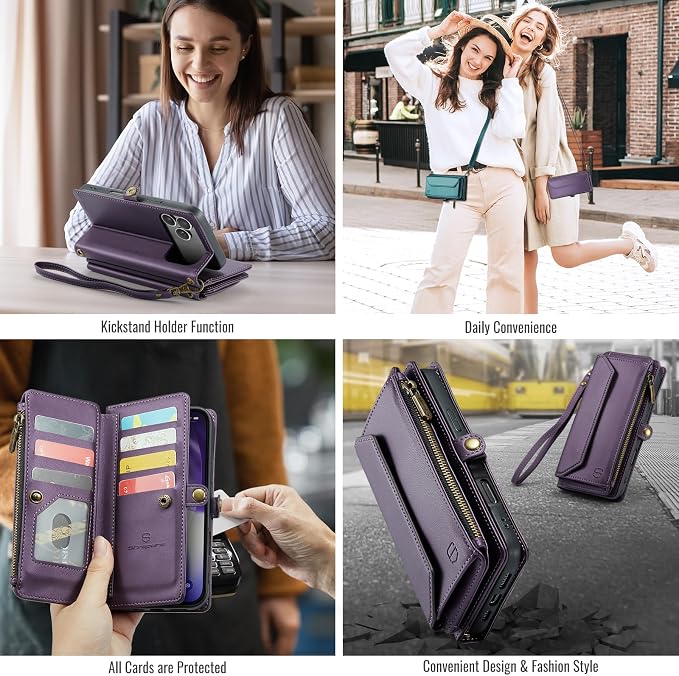 Strapurs Wallet Case Compatible with iPhone 17 Pro Max 6.9" RFID Blocking 10-Card Holder Soft PU Leather Magnetic Snap Shoulder Strap Zipper Pocket Phone Case Fit for iPhone 17 Pro Max - Purple