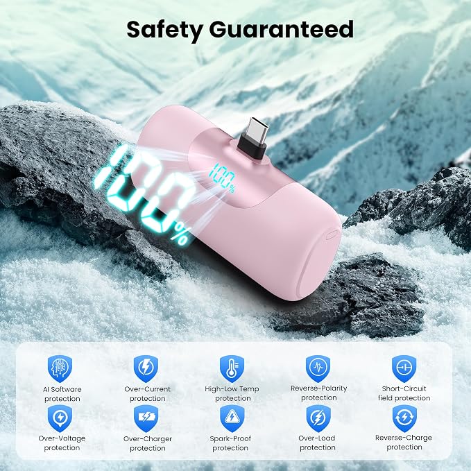 [2-Pack] 5500mAh Portable Charger for iPhone 17/16, LCD Display USB C Mini Power Bank,PD Fast Charging Travel Lipstick Sized Battery Pack for iPhone 17/16/15 Pro Max, Galaxy S25/S24, Pixel(Black+Pink)