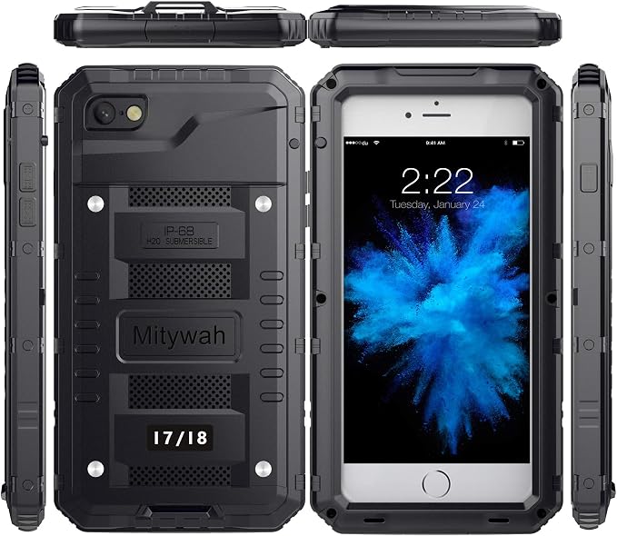 Mitywah Waterproof Case Compatible with iPhone 7 / iPhone 8 Heavy Duty Durable Metal Full Body Protective Case Built-in Screen Protection Shockproof Dustproof Rugged Military Grade Defender, Black