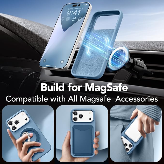 GONEZ Magnetic for iPhone 17 Pro Max Case, Compatible with MagSafe, [Screen Protector + Camera Lens Protector], Liquid Silicone Anti-Scratch Shockproof Protective Phone Case 6.9 inch, Mist Blue