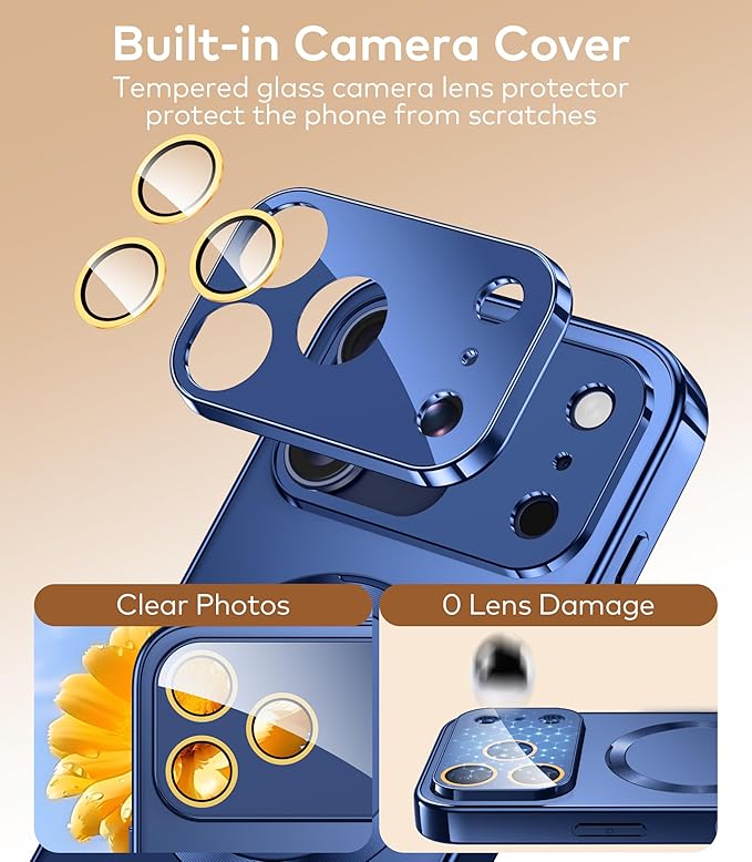 Magnetic for iPhone 17 Pro Case with Ring Stand, Fits MagSafe, with Built-in Camera Cover, Slim Electroplated Shockproof Phone Case, Blue
