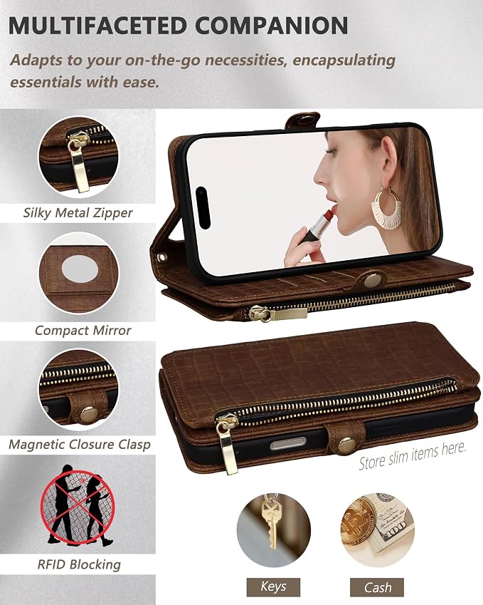 Crossbody Wallet Case for iPhone 17 Pro Max with Mirror, Wrist Strap, Zipper Purse Magnetic Flip, RFID Blocking Card Holder, Wireless Charging, PU Leather Shockproof 6.9" Women (Brown)