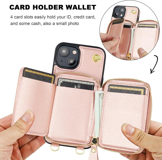Bocasal for MagSafe Crossbody Wallet Case Compatible with iPhone 15, RFID Blocking Protective Purse Case with Card Slots Holder Kickstand Wrist Strap Lanyard Zipper 6.1 Inch 5G (Rose Gold)