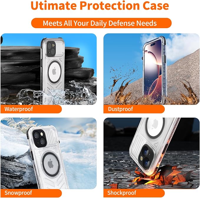 for iPhone 15 Waterproof Case Compatible with MagSafe, Translucent Slim IP68 Underwater Built-in Screen Protector, 12FT Military Grade, 360 Full Body Protective Cover 6.1 inch (Black)