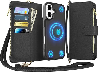 for iPhone 16 (6.1 inches) Detachable Wallet Case with Crossbody.Multi-Function 2 in 1 Magnetic Wallet Case with Card Holder.Flip Strap Zipper Phone Case with Shoulder Straps Black