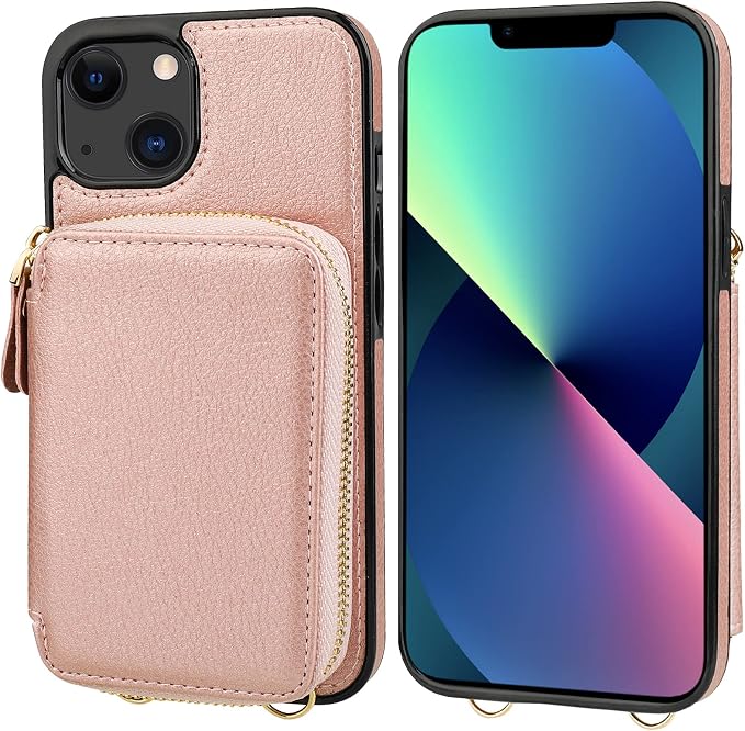 Bocasal RFID Blocking Wallet Case for iPhone 14 iPhone 13, Adjustable Crossbody Zipper Purse Case Card Holder with Kickstand Detachable Wrist Strap, PU Leather Flip Folio Case 6.1 Inch 5G (Rose Gold)