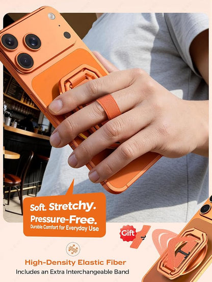 All-Aluminum Magnetic Phone Grip & Stand for Desk, Bed & On-the-Go – Compatible with MagSafe – Secure One-Hand Hold, Comfortable Scrolling, Hands-Free Video Calls, Sunset Orange