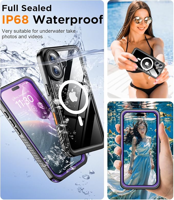 Temdan Magnetic for iPhone 16 Plus Case Waterproof,Built-in Screen Protector[IP68 Underwater][Upgrade Military Dropproof][Compatible with MagSafe] Full Body Shockproof Translucent Case 6.7''-Purple