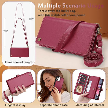 for Wallet Case Compatible with iPhone 12,Multi-Function Detachable 2 in 1 Magnetic iPhone 12 Case Wallet,Flip Strap Zipper Card Holder Phone Case with Shoulder Straps (Red)