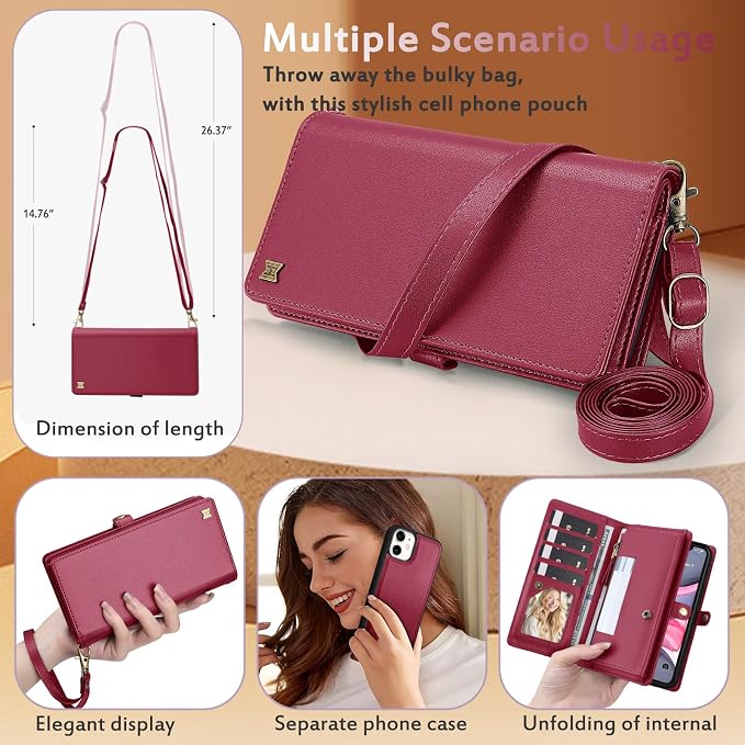 for Wallet Case Compatible with iPhone 11,Multi-Function Detachable 2 in 1 Magnetic iPhone 11 Case Wallet,Flip Strap Zipper Card Holder Phone Case with Shoulder Straps (Red)