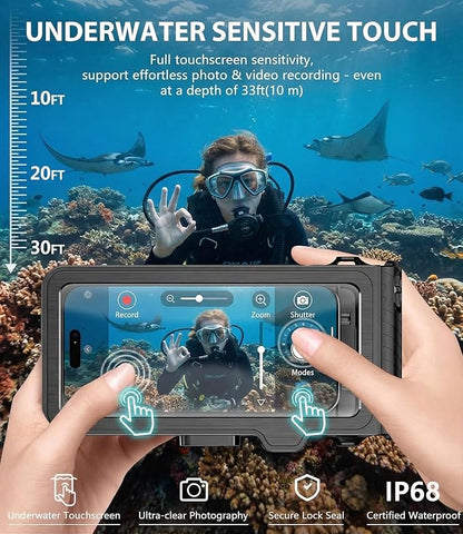 Diving Phone Case for iPhone 17 16 15 14 13 Pro Max Galaxy S25 S24 S23 Ultra, 50ft/15m Professional Waterproof Underwater Case with Real Touchscreen, Universal Camera Housing for Snorkeling (Orange)