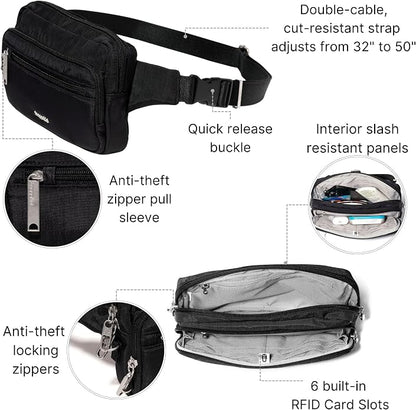Baggallini Securtex Anti-theft Belt Bag 8.8"x5.5" Crossbody Fanny Pack for Women RFID Wallet Locking Zipper Travel Purse