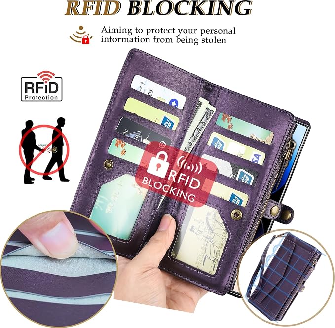 for Samsung Galaxy S25 Ultra Wallet Case for Women Men, Wireless Charging with RFID Blocking Card Holder, PU Leather Crossbody Strap Detachable Magnetic Phone Shell Purse, Purple