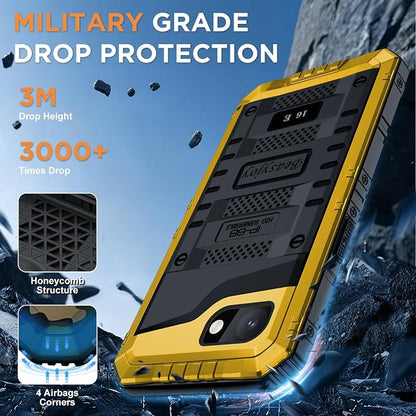 Beasyjoy for iPhone 16e Case/iPhone 17e Case Waterproof, Metal Heavy Duty Full Body Protective Case with Built-in Screen Protector, Military Grade Shockproof Cover for iPhone 16e/17e 6.1", Yellow