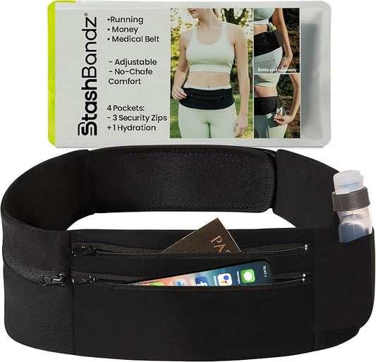 StashBandz Adjustable Running Belt - 3 Zippered Pockets + Water Bottle Holder, No-Bounce Travel Money Belt, Sports Fanny Pack, Waist Pack with Key Clip, Fits Any Size Phone, Passport & More