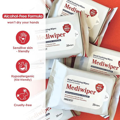 MEDIWIPER 80ct Alcohol-Free Hand Sanitizing Wipes Unscnted Antibacterial Wet Wipe, Hand Sanitizer (160 Wipes (80 * 2))