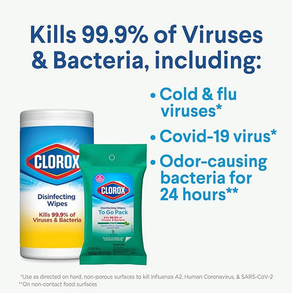 Clorox Disinfecting Wipes To Go Pack, Bleach Free, Fresh Scent, 9 Count, Pack of 24 (Pack May Vary)