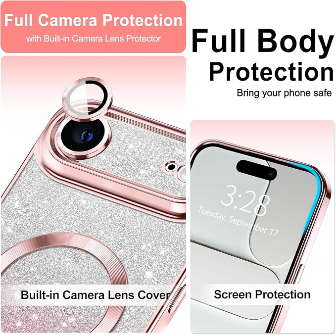 Hython for iPhone Air Case Glitter Clear Magnetic Phone Cases [Compatible with MagSafe] Full Camera Lens Protector Sparkle Luxury Plating Slim Shockproof Protective Cover Women, Gradient Pink