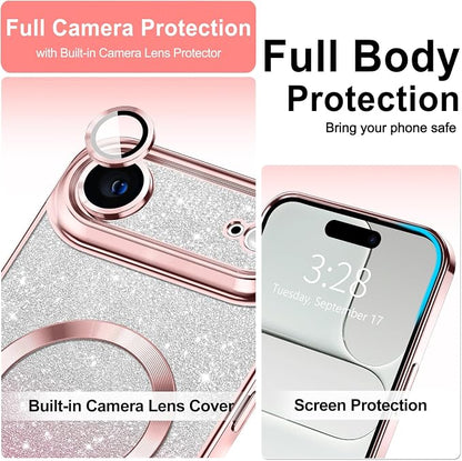 Hython for iPhone Air Case Glitter Clear Magnetic Phone Cases [Compatible with MagSafe] Full Camera Lens Protector Sparkle Luxury Plating Slim Shockproof Protective Cover Women, Gradient Pink