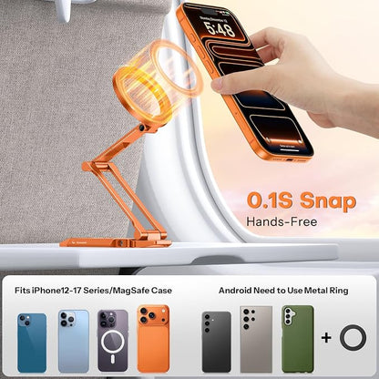 OMOTON TP06 for MagSafe Tripod Hook, 360°Rotate Magnetic Phone Tripod for iPhone 17/16/15 Pro Max Air, Fold Phone Stand Selfie Stick with 1/4" Screw, Acra Fits Vlog, Gym, Travel Essentials, Orange