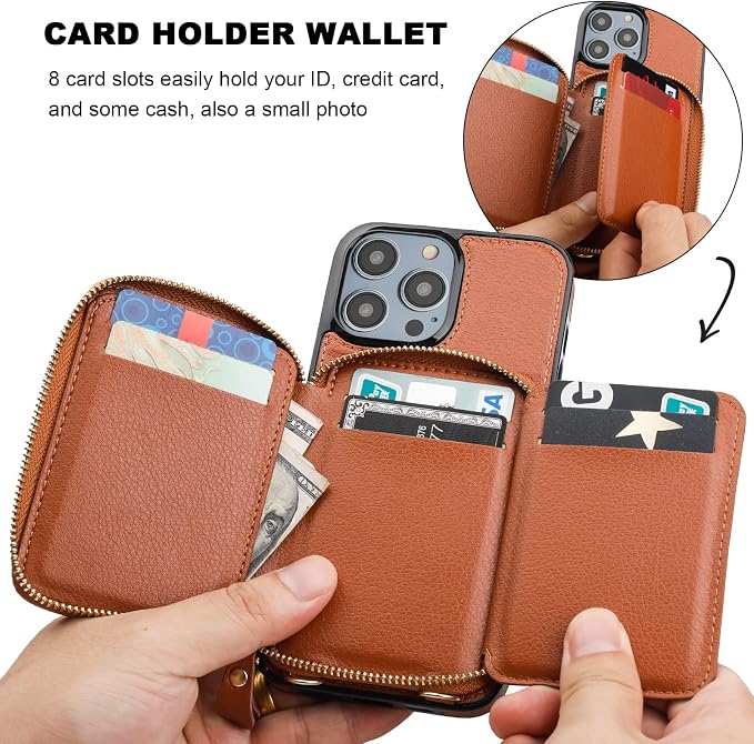 Bocasal RFID Blocking Wallet Case for iPhone 14 Pro Max, Adjustable Crossbody Zipper Purse Case Card Holder with Kickstand Detachable Wrist Strap, PU Leather Flip Folio Case 6.7 Inch 5G (Brown)