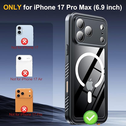 ANTSHARE for iPhone 17 Pro Max Case, Compatible with Magsafe, IP68 Waterproof Case, [Built-in Screen Protector] - 12 FT Military Dropproof - Full Body Heavy Duty Rugged Phone Cover - Black/Clear