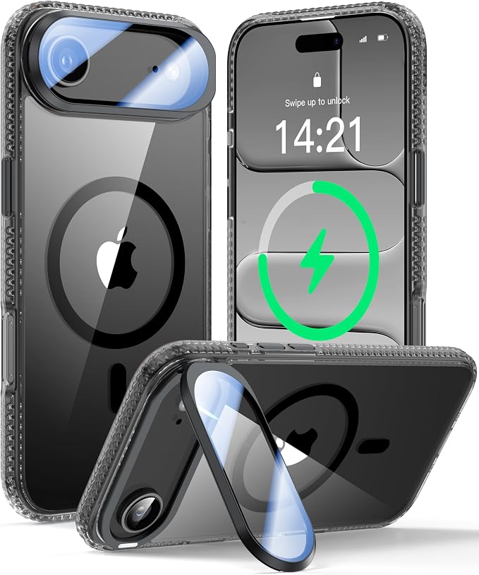 [Upgraded Full Camera Protection] for iPhone Air Case with Camera Cover Stand [Fit for MagSafe][10FT Mil-Grade Protection] Transparent Magnetic Phone Cover for iPhone 17 Air Case, Clear Black