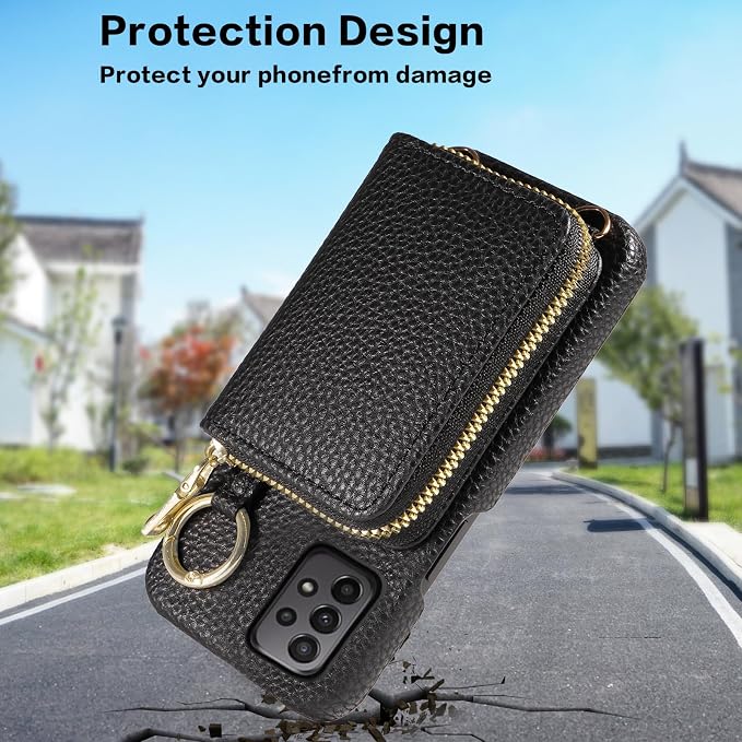 Wallet Case for Samsung Galaxy A32 5G 2021 6.5 inch with Shoulder Strap Ring Buckle, Zipper Flip Organ Purse, Credit Card Holder Stand Phone Cover for M32 G5 A 32 32A S32 SM-A326U A326U Black