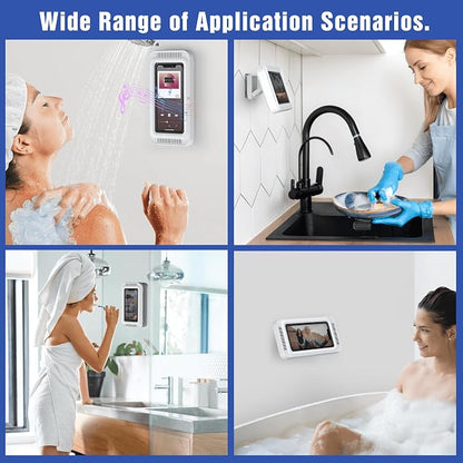 Waterproof Shower Phone Holder with 480° Rotation | Enhanced Sound Quality | Adjustable Arm Stand | Fits up to 7" Screens(White)