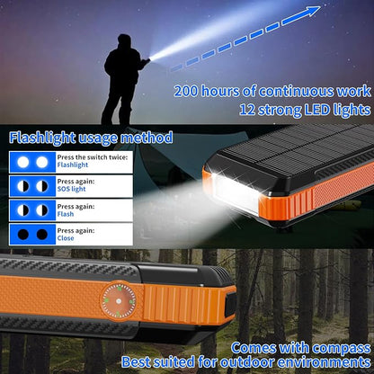 Solar Charger Power Bank 49800mAh, Portable Phone wireless Charging Built-in 4 Cables 22.5W Fast Charging,Type-C input/Output Port Solar Panel Charger with Flashlights&Compass for Camping（Orange)