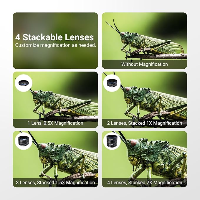 NEEWER Phone Macro Lens Kit, 4 Pcs Stackable Magnetic Closeup Lens Attachment Set with 17mm Threaded Clamp, Clip On Photography Accessories Compatible with iPhone Android Samsung, LS-87