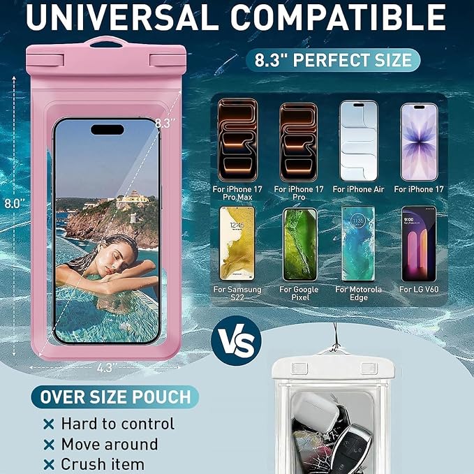 Universal Waterproof Phone Case,with Inside Card Pack,Large Dry Bag Up to 8.3",Compatible with iPhone 17/16/15/14 Pro Max, IPX8 Cellphone Travel Beach Essentials for Beach, 2 Pack-Black &Pink