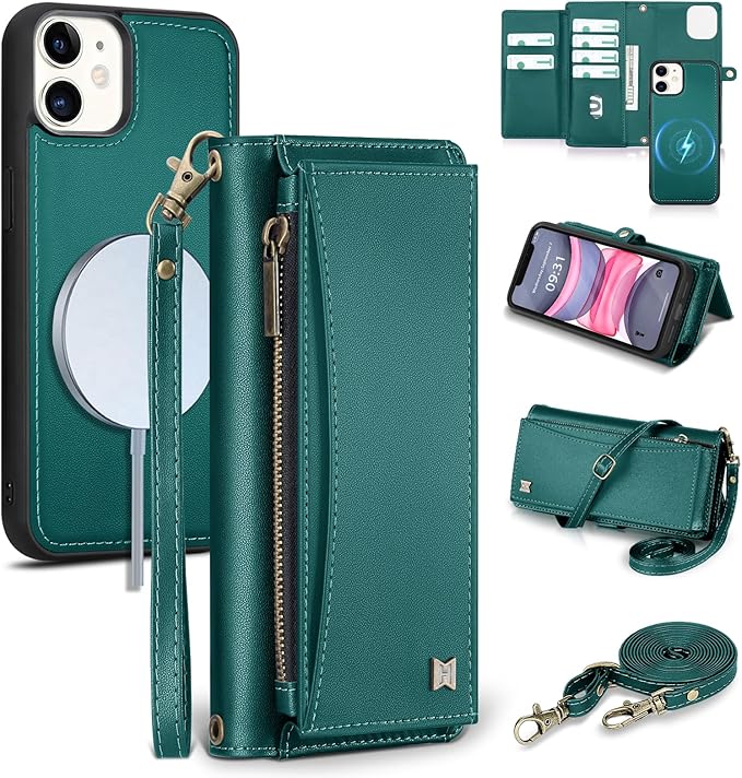 Wallet Case for iPhone 11 with Card Holder/Crossbody Wallet/Strap| RFID Blocking | Magnetic | Kickstand | Detachable | PU Leather Phone Case for iPhone 11,6.1 in,Green