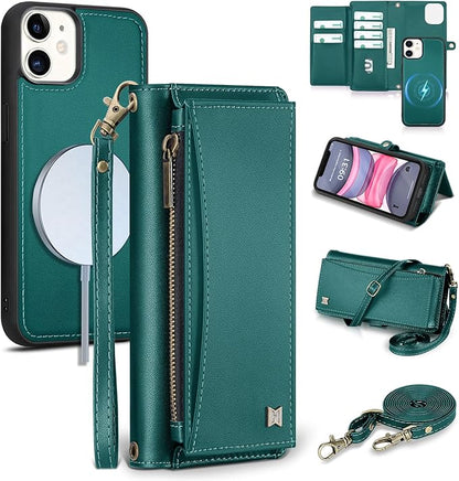 Wallet Case for iPhone 11 with Card Holder/Crossbody Wallet/Strap| RFID Blocking | Magnetic | Kickstand | Detachable | PU Leather Phone Case for iPhone 11,6.1 in,Green