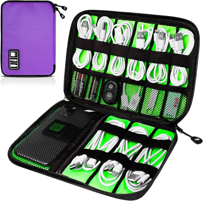 Cord Organizer Travel, Electronics Organizer Tech Pouch - Portable Cable Organizer Bag for Cords, Charger, Phone, SD Card, Power Bank for Travel & Daily Use -Purple Green