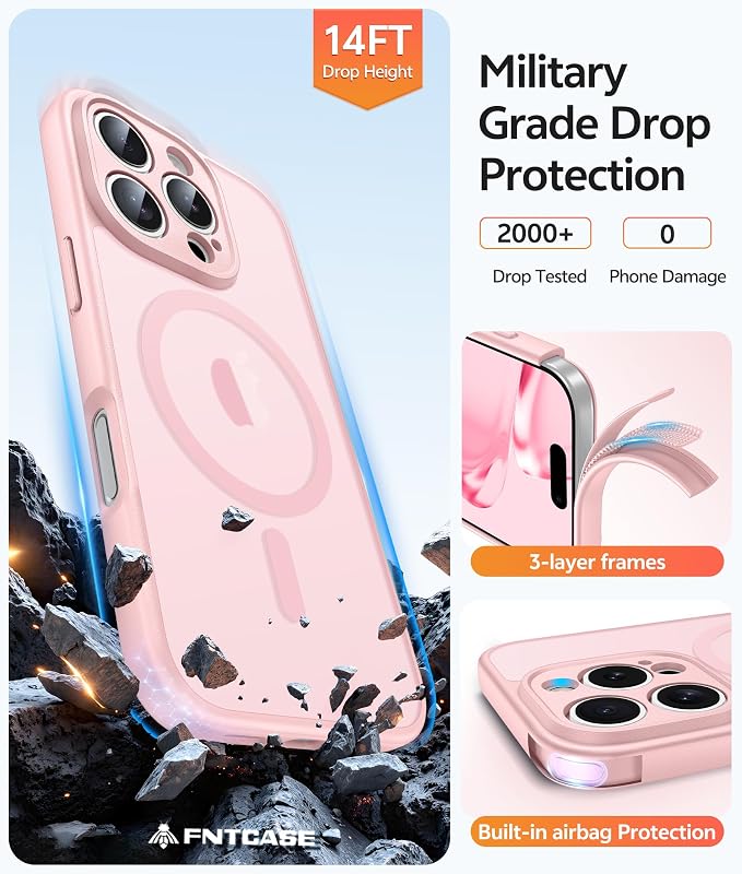 FNTCASE for iPhone 16 Pro Case: [Compatible with Magsafe] Translucent Matte Cases with [Full Camera Protection] [Screen Protector] Military Grade Shockproof Protective Phone Cover - Light Pink