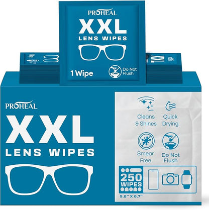XXL Lens Wipes, 250 Count - 9.8"x6.7" Eye Glasses Cleaner Wipes for Lenses, Watches, Display Screens, and More - Cleans and Shines - Quick Drying, No Smear with Isopropyl Alcohol