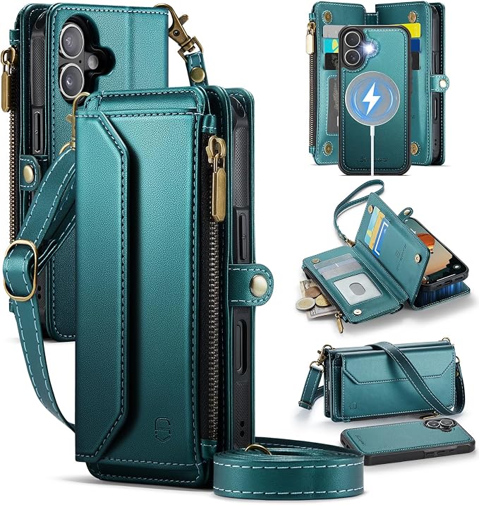 Strapurs for iPhone 17 Detachable Wallet Case Compatible with Magsafe for Women, RFID Blocking 9-Card Holder Zipper Wrist Strap Lanyard PU Leather Magnetic Phone Case for iPhone 17 6.3", Blue Green