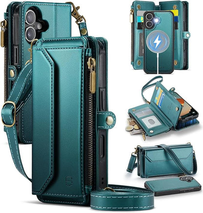 Strapurs for iPhone 17 Detachable Wallet Case Compatible with Magsafe for Women, RFID Blocking 9-Card Holder Zipper Wrist Strap Lanyard PU Leather Magnetic Phone Case for iPhone 17 6.3", Blue Green