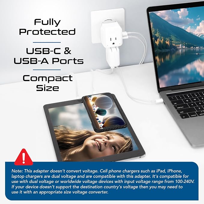 Ceptics 20W European Travel Plug Adapter, 2 USA Outlets, USB-C & USB-A | European Plug Adapter, Type C, E/F, G SWadAPt Attachments, PD & QC USB ports, European Adapter for Germany, France, Italy, UK