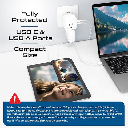 Ceptics 20W European Travel Plug Adapter, 2 USA Outlets, USB-C & USB-A | European Plug Adapter, Type C, E/F, G SWadAPt Attachments, PD & QC USB ports, European Adapter for Germany, France, Italy, UK