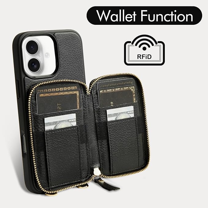 ZVE for iPhone 17 Case Wallet with Crossbody Strap, RFID Blocking Zipper Phone Purse with Card Holder 6.3", Black