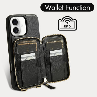 ZVE for iPhone 16 Plus Wallet Case, Zipper Crossbody Case with Credit Card Holder Zipper Wallet Case Wrist Strap for Women for iPhone 16 Plus 6.7" Black