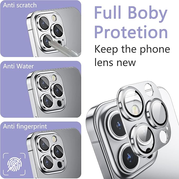 2 Pack Camera Lens Protector for iPhone 16 Pro/16 Pro Max,[Not Easy to Breakn ] AR Tempered Glass Strong Adsorption Metal Camera Cover Screen-Silvery
