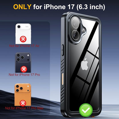 ANTSHARE for iPhone 17 Case, IP68 Waterproof Shockproof Case, [Built-in Screen Protector] - 12 FT Military Dropproof - Full Body Heavy Duty Rugged Phone Cover 6.3 inches - Black/Clear
